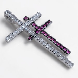 Colgante vintage grande de doble cruz con circonita cúbica y cristal de rubí, 5,4 cm (2 1/8 pulgadas), 7,3 g (2,3 g)