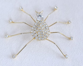 Vintage Gold-Tone Spider Brooch: Clear CZ Crystal Halloween Pin