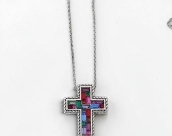 Brighton St Michel Mosaic Cross Necklace Multicolor Baguette Crystal Retired