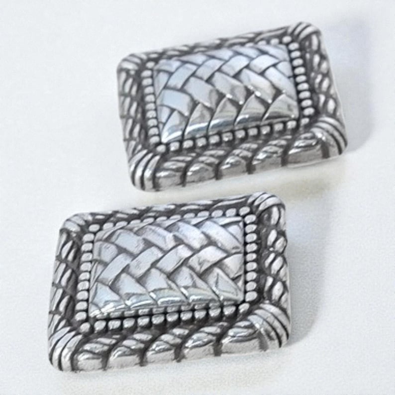 Vintage Brighton Rectangular Clip On Earrings Woven Pattern Silver Plated Rare image 2