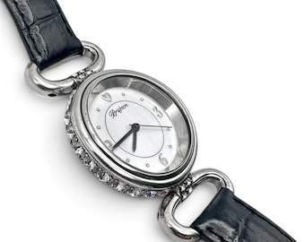 Brighton Cologne Watch Black Leather Crystal Bezel Silver Quartz Retired