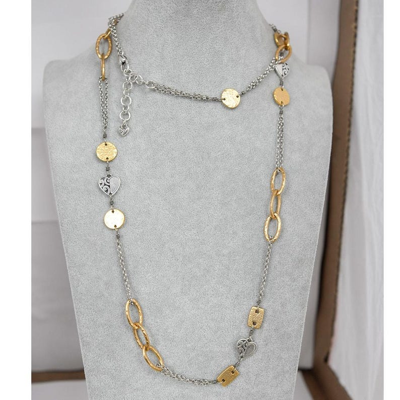 Brighton Look Of Love Long Chain Necklace Two Tone Gold Silver Art Deco Retired image 8