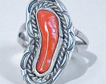 Vintage Orange Coral Oval Ring Sterling Silver 925 Southwestern Size 6.75 3.9g