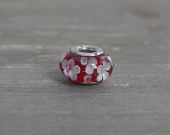 Murano Glass Spacer Charm Bead Red with White Cherry Blossom Flowers