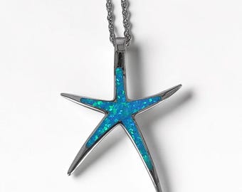 Vintage Sterling Silver Blue Opal Starfish Pendant Necklace Nautical Ocean 18"