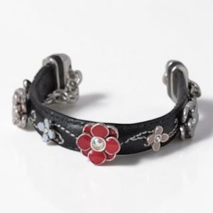 Vintage Brighton Rentner Schwarz Leder Blumen Ohrstecker Armband Selten 18-20 cm Bild 1