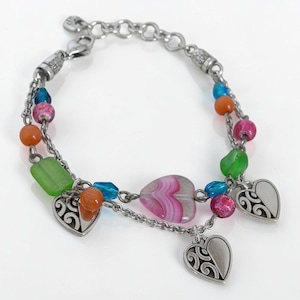 Brighton Deco Bright Double Chain Bracelet Pastel Art Glass Beads Heart Retired image 1