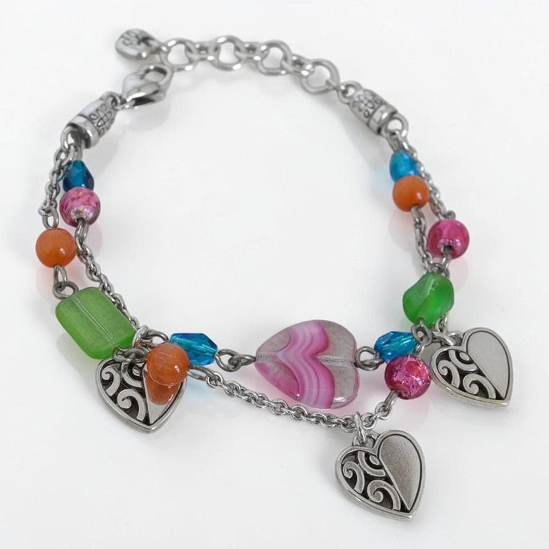 Brighton Deco Bright Double Chain Bracelet Pastel Art Glass Beads Heart Retired image 1