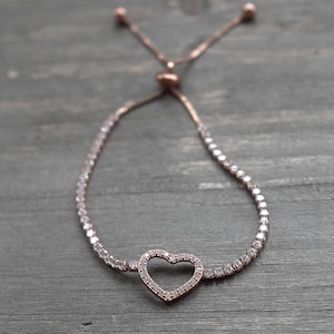 925 Sterling Silver Heart Bracelet Rose Gold Plated Adjustable Length Crystals