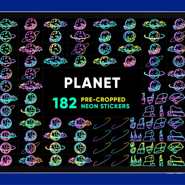 PLANET Neon Schild Aufkleber, Digitales GoodNotes Buch, Planer Journal Kit, iPad Pack, Notability Open Notebook, Tagebuch einfügen, Universum, Weltraum