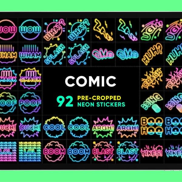 COMIC Neon Sign Sticker, Digital GoodNotes Book, Planner Journal Kit, iPad Pack, Notability Open Notebook, Diary insert, Cartoon, Wow, Boom