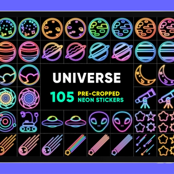 UNIVERSUM Neon Sign Sticker, Digitales GoodNotes Buch, Planer Journal Kit, iPad Pack, Notability Open Notebook, Tagebuch einfügen, Space Sternzeichen