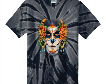 Sugar Skull Floral Day of the Dead Tee | Tie-Dye Graphic