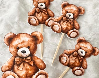 Teddy Bear Cupcake Topper Picks - Classic Bear Baby Shower Dessert Topper - Teddy Bear Birthday Cake Decor