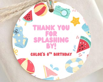Girls Summer Birthday Party Favor Tags - Kids Pool Party Themed Goodie Bag Tags - Printed & Shipped