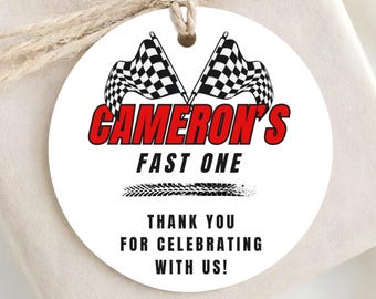 Fast One Favor Tags - Kids Race Car Themed Goodie Bag Tags - Printed & Shipped