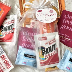 May include: A collection of travel-sized toiletries and accessories, including stain remover wipes, makeup remover towelettes, and bandages, presented in a sheer mesh bag. The bag is tied with a white ribbon and a tag that says "let's go girls".
