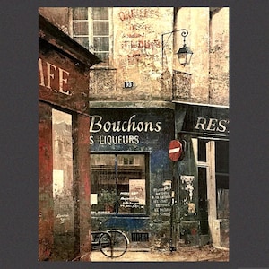 May include: A painting of a weathered street corner featuring a dark blue storefront with the text Bouchons and Liqueurs, a red no-entry sign, a vintage bicycle, a hanging street lamp, and faded building facades with the number 93 visible.