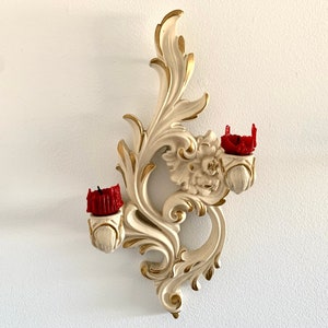 Vintage Floral Wall Sconce For Double Tapered Candlestick,Ivory Gold Ornate Plaster Wall Sconce,Chalkware Double Arm Wall Sconce