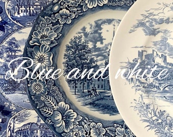 Vintage Blue and White England Dinnerware, 10” Dinner Plates, Mix and Match Blue and White Dishes