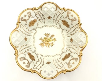 Vintage Reichenbach Germany Footed Centerpiece Porcelain Bowl,Pierced Lattice Gold Flowers Porcelain Footed Centerpiece Bowl