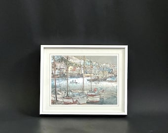 Vintage Dufex Foil Print Ilfracombe Harbor, Silver Metal Framed Coastal Wall Art Decor