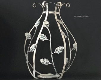 Vintage Rustic White Painted Wrought Iron Hanging Candle Holder, Metal Wall Sconce