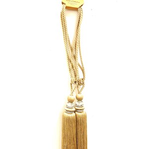 Set of 2 Beige Gold Hand-Woven Tiebacks for Curtain With Tassels