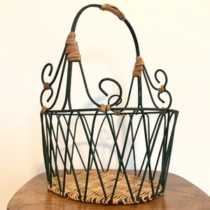 Vintage Green Metal and Wicker Oval Basket with Handle,Wire Basket