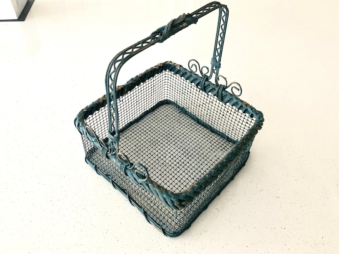 Vintage Green,gold Colored Metal and Wicker Square Basket With Handle
