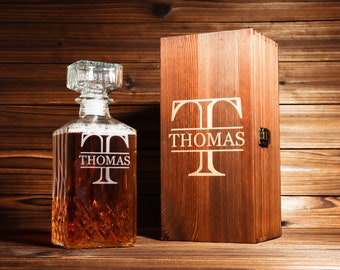 Decantador de whisky personalizado, Decantador personalizado con caja de regalo de madera, Decantador grabado, Regalos de padrino, Regalos para papá, Regalos para él