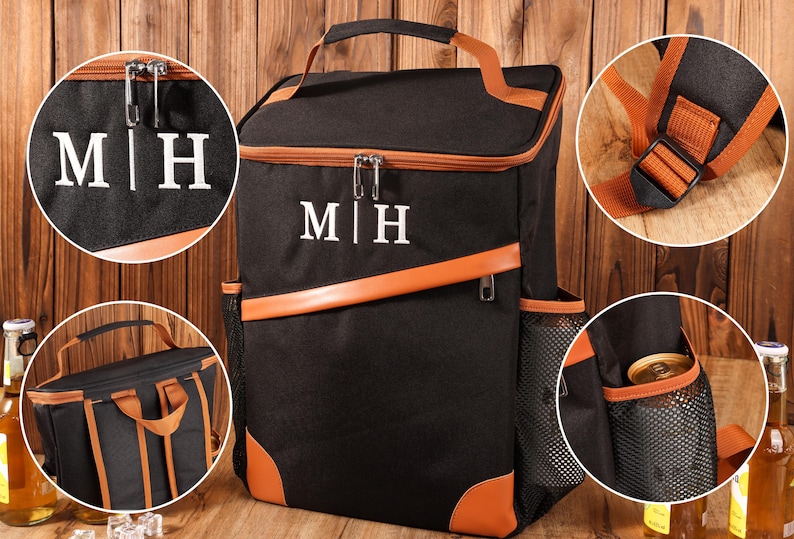 Pu&ograve; includere: Zaino termico nero con dettagli marroni e le iniziali "M|H" in bianco. Presenta una maniglia superiore, una tracolla e tasche laterali in rete. Include chiusura con cerniera e finiture marroni.