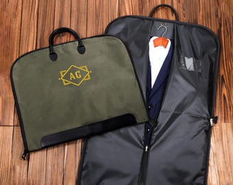 Bolsa de terno com monograma, bolsa para roupas com alça de couro, presente para padrinhos, pai do noivo, bolsa de terno de tecido Oxford, bolsa de terno com nome personalizado para padrinhos