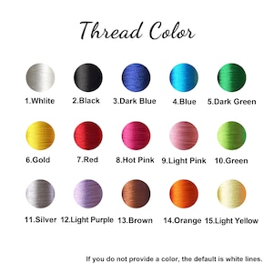 Pu&ograve; includere: Una tabella colori intitolata "Thread Color" con 15 opzioni di colore del filo, tra cui bianco, nero, blu scuro, blu, verde scuro, oro, rosso, rosa acceso, rosa chiaro, verde, argento, viola chiaro, marrone, arancione e giallo chiaro. Il testo in basso recita: "Se non fornisci un colore, l'impostazione predefinita &egrave; linee bianche."