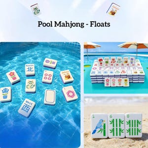 May include: Pool Mahjong - Floats. The image shows a set of white and colorful Mahjong tiles floating in a pool and on a beach. The tiles feature various symbols, flowers, and Chinese characters. The text "Pool Mahjong - Floats" is displayed.