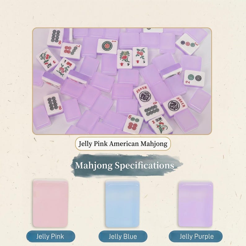 May include: A set of Jelly Pink American Mahjong tiles, with a variety of white tiles featuring red, green, and black symbols. The set includes pink and purple tiles, with the text "Joker" and "2 SUM" visible.