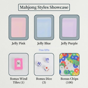 May include: Image showcasing Mahjong game components. Includes three jelly-colored tiles in pink, blue, and purple. Also features a bonus wind tile, three dice, and 100 chips. Text reads "Mahjong Styles Showcase" and "Free Gifts."