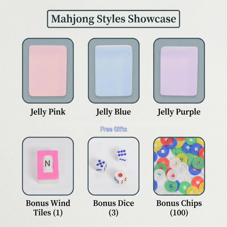 May include: Image showcasing Mahjong game components. Includes three jelly-colored tiles in pink, blue, and purple. Also features a bonus wind tile, three dice, and 100 chips. Text reads "Mahjong Styles Showcase" and "Free Gifts."