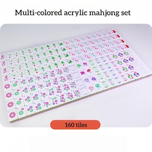 K&ouml;nnte beinhalten: Ein mehrfarbiges Mahjong-Set aus Acryl mit 160 Spielsteinen. Die Spielsteine sind wei&szlig; mit verschiedenen farbigen Symbolen und Zahlen. Das Set enth&auml;lt gr&uuml;ne, rosa, lila und rote Akzente. Der Text "Multi-colored acrylic mahjong set" steht oben.