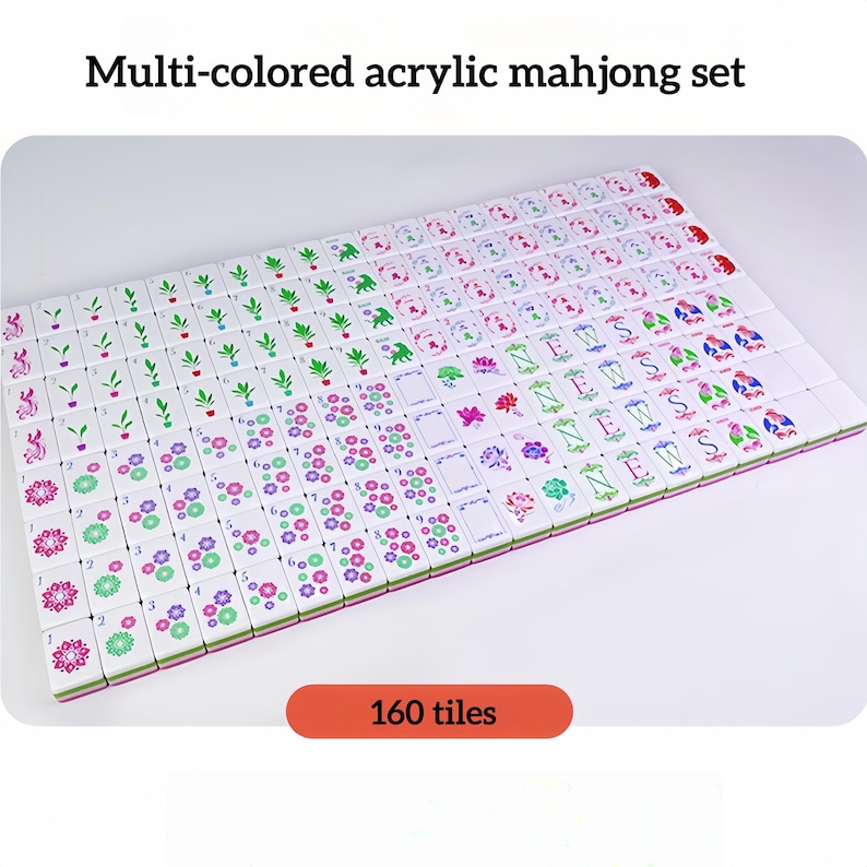 K&ouml;nnte beinhalten: Ein mehrfarbiges Mahjong-Set aus Acryl mit 160 Spielsteinen. Die Spielsteine sind wei&szlig; mit verschiedenen farbigen Symbolen und Zahlen. Das Set enth&auml;lt gr&uuml;ne, rosa, lila und rote Akzente. Der Text "Multi-colored acrylic mahjong set" steht oben.