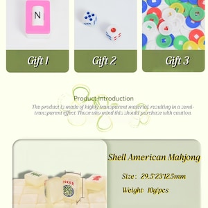 May include: A set of American Mahjong tiles made of semi-transparent material, each measuring 29.5 by 23 by 12.5 mm and weighing 10 grams. The set includes accessories like a pink letter N tile, two six-sided dice, and colorful plastic counting chips.