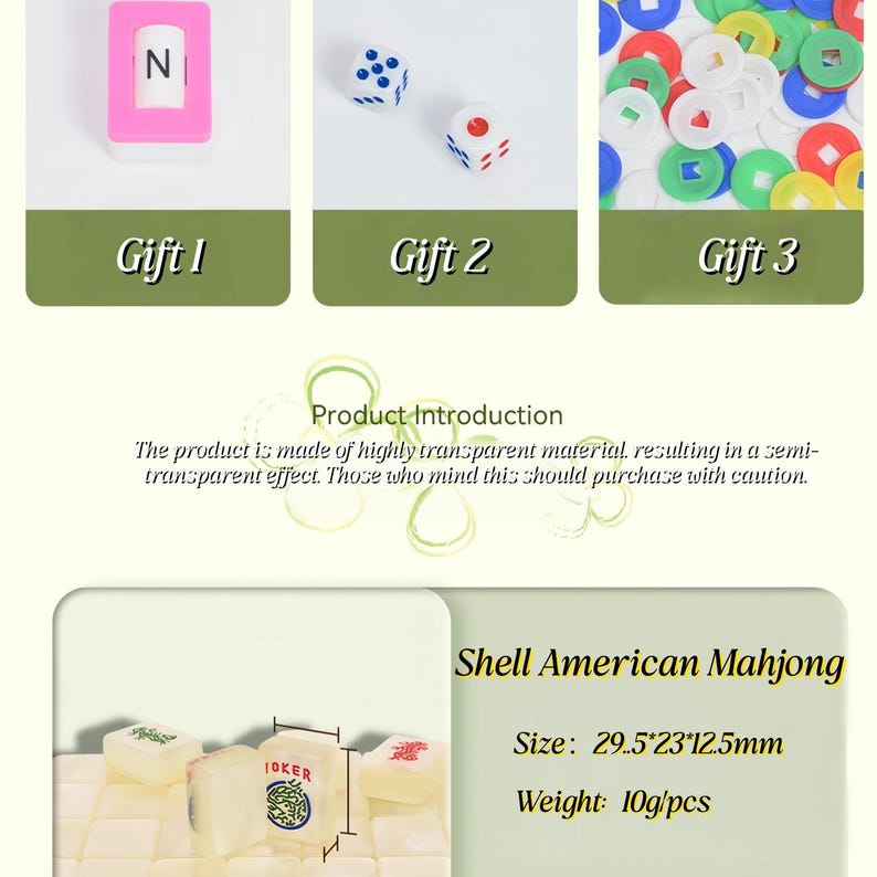 May include: A set of American Mahjong tiles made of semi-transparent material, each measuring 29.5 by 23 by 12.5 mm and weighing 10 grams. The set includes accessories like a pink letter N tile, two six-sided dice, and colorful plastic counting chips.