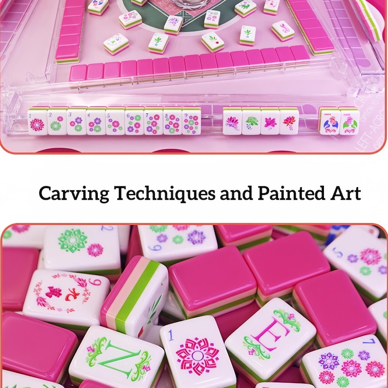 K&ouml;nnte beinhalten: Ein rosa-wei&szlig;es Mahjong-Set mit Spielsteinen mit Blumen- und Charakterdesigns. Das Set enth&auml;lt eine rosa Spielfl&auml;che und Spielsteine mit gr&uuml;nen, rosa und wei&szlig;en Akzenten. Der Text "Carving Techniques and Painted Art" wird angezeigt.