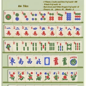 May include: A set of 166 off-white Mahjong tiles arranged in rows. The tiles feature colorful engraved designs including dots, Chinese characters, bamboo patterns, wind symbols, dragons, flowers, and joker icons, with text detailing the tile counts.