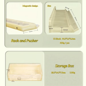 May include: A beige plastic rack and pusher with a magnetic design measuring 44.5 by 5.6 by 5.6 cm and weighing 400g, alongside a rectangular storage box measuring 28.5 by 14.5 by 7.5 cm and weighing 1130g, featuring various labeled dimensions.