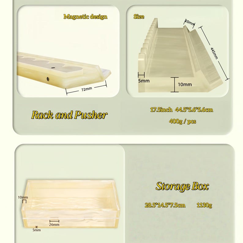 May include: A beige plastic rack and pusher with a magnetic design measuring 44.5 by 5.6 by 5.6 cm and weighing 400g, alongside a rectangular storage box measuring 28.5 by 14.5 by 7.5 cm and weighing 1130g, featuring various labeled dimensions.