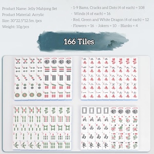 May include: A Jelly Mahjong Set with 166 acrylic tiles. The tiles feature various symbols and characters in red, green, and black. The set includes 1-9 Bams, Cracks, Dots, Winds, Dragons, Flowers, Jokers, and blanks. Each tile measures approximately 12.5mm.