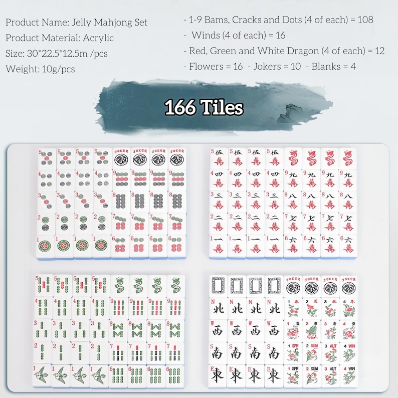 May include: A Jelly Mahjong Set with 166 acrylic tiles. The tiles feature various symbols and characters in red, green, and black. The set includes 1-9 Bams, Cracks, Dots, Winds, Dragons, Flowers, Jokers, and blanks. Each tile measures approximately 12.5mm.