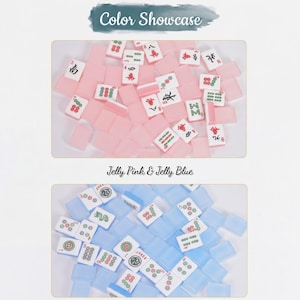 May include: Two sets of Mahjong tiles in pink and blue. The pink set is labeled "Color Showcase" and the blue set is labeled "Jelly Pink & Jelly Blue". Each tile has symbols and numbers.