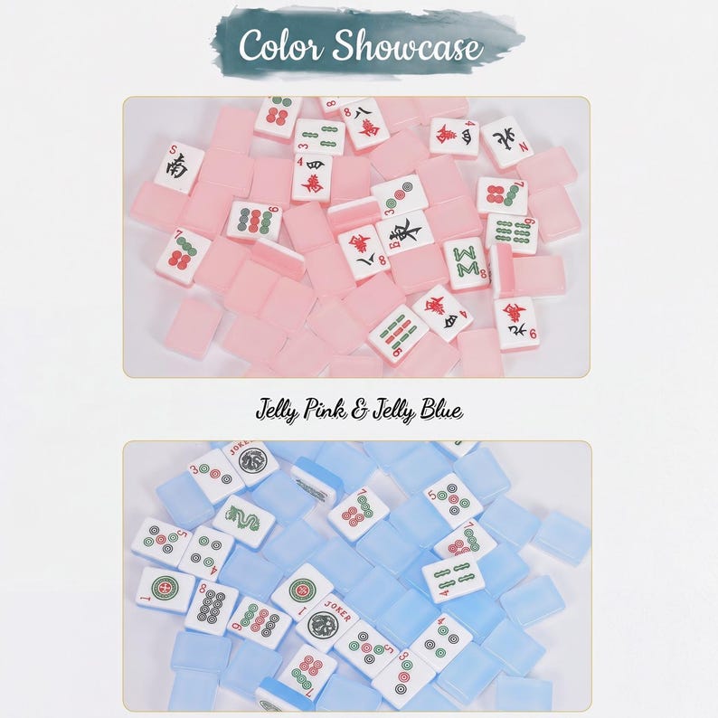 May include: Two sets of Mahjong tiles in pink and blue. The pink set is labeled "Color Showcase" and the blue set is labeled "Jelly Pink & Jelly Blue". Each tile has symbols and numbers.